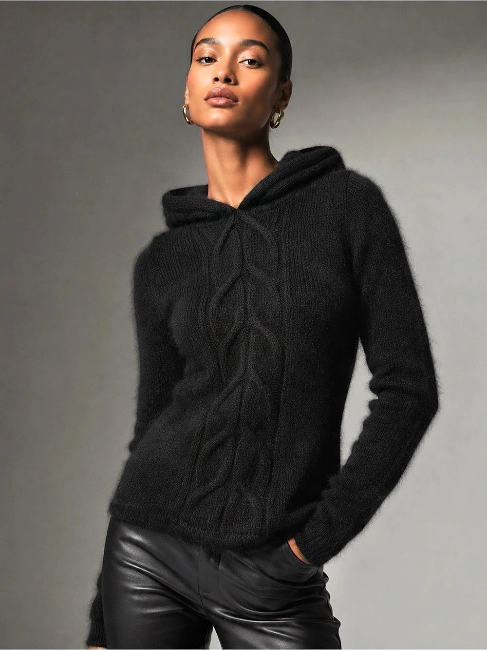 Burton Cable Knit Hooded Sweater Black Angora Rabbit Hair Lambswool Hooded Sweat